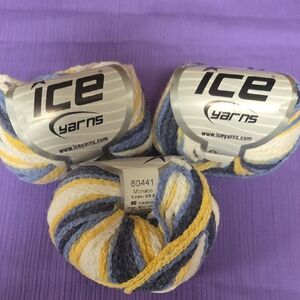 Blue, Yellow, and White Knitting Yarn
